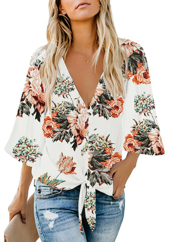 Apricot Women's V Neck Button Down Shirts 3/4 Bell Sleeve Tie Knot Blouse