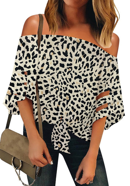 Front view of model wearing white leopard 3-4 bell mesh panel sleeves tie-front off-shoulder top