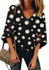Front view of wearing black V-neckline mesh panel blouse 3/4 bell sleeve loose floral top