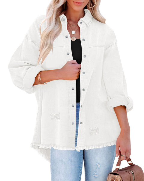Womens Denim Jacket Oversized Button Down Shirts Jean Shacket Distressed Frayed Coat