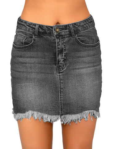 Grey Frayed Hem Washed Denim Mini Skirt