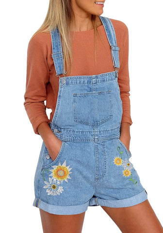 Women's Ripped Denim Bib Overall Shorts Raw Hem Shortall Jeans
