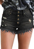 Front view of model wearing black raw hem distressed high-waist bottoms jeans shorts