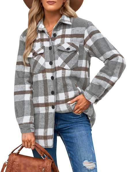 Model wearing light grey plaid long sleeves button down jacket