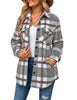 Front view of model wearing light grey plaid long sleeves button down jacket