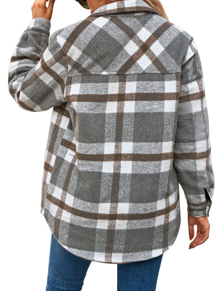 Back view of model wearing light grey plaid long sleeves button down jacket