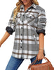Front view of model wearing light grey plaid long sleeves button down jacket