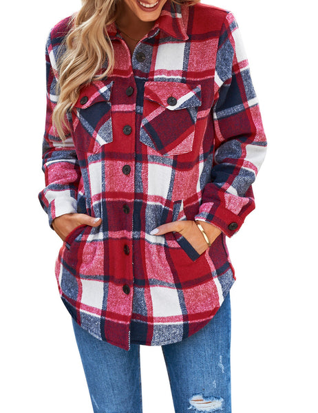 Model wearing red plaid long sleeves button down jacket