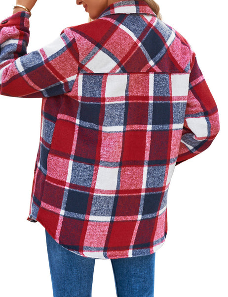 Back view of model wearing red plaid long sleeves button down jacket