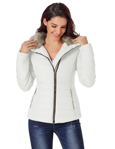 Women's Faux Fur Hooded Zip Quilted Puffer Jacket Lapel Parka Coat