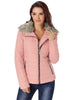 Front view of model wearing pink faux fur collar zip up quilted jacket.