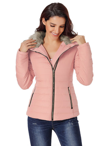 Women's Faux Fur Hooded Zip Quilted Puffer Jacket Lapel Parka Coat