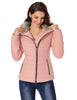 Model poses wearing pink faux fur collar zip up quilted jacket