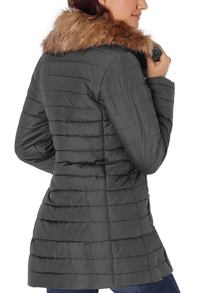 Back view of model wearing gray oversized faux fur collar zip up quilted jacket