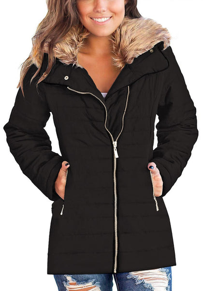 Black Oversized Faux Fur Collar Zip-Up Quilted Jacket