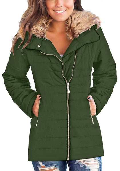 Front view of model wearing army green oversized faux fur collar zip up quilted jacket