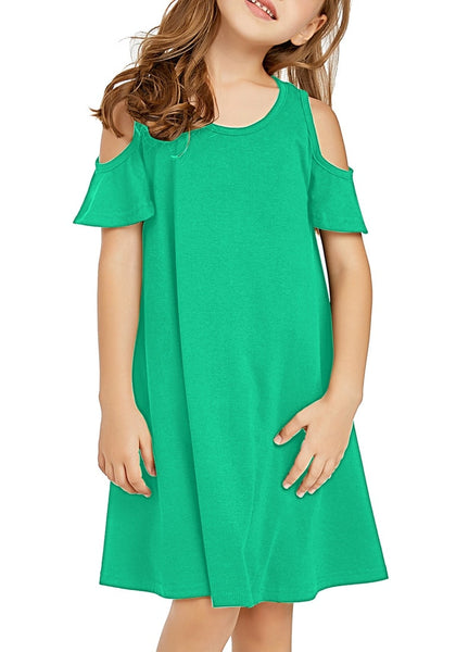 Little girl wearing green cold shoulder ruffle short sleeves girl tunic dress