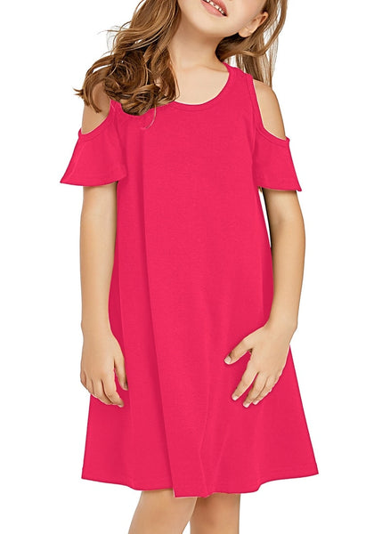 Little girl wearing poses hot pink cold shoulder ruffle short sleeves girl tunic dress