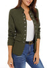 Model poses wearing army green stand collar open-front blazer