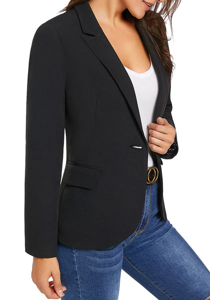 Model poses wearing black back-slit notched lapel blazer