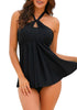 Model poses wearing black bow knot-front sweetheart swing tankini set as halter tankini set