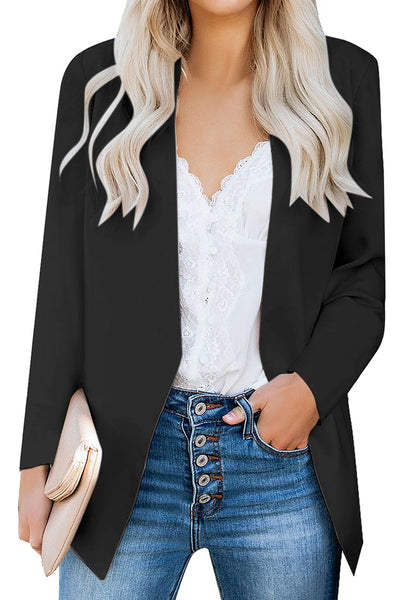 Model poses wearing black open-front side pockets blazer