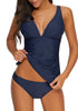 Model poses wearing navy V-neckline scallop tie-back tankini set