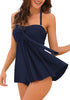 Model poses wearing navy bow knot-front sweetheart swing tankini set