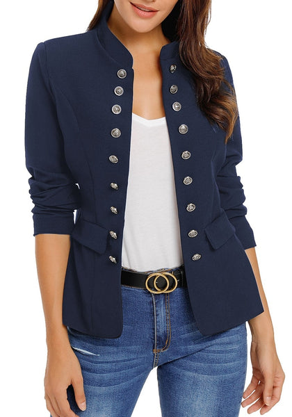 Model poses wearing navy stand collar open-front blazer