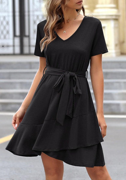 Model wearing black V-neckline short sleeves belted ruffle dress