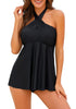 Model wearing black bow knot-front sweetheart swing tankini set as halter tankini set