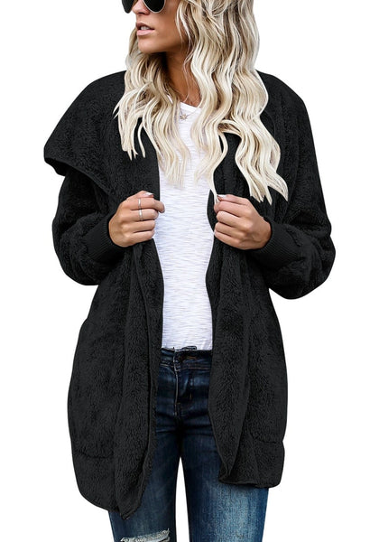 Model wearing black snuggle fleece oversized hooded cardigan-min