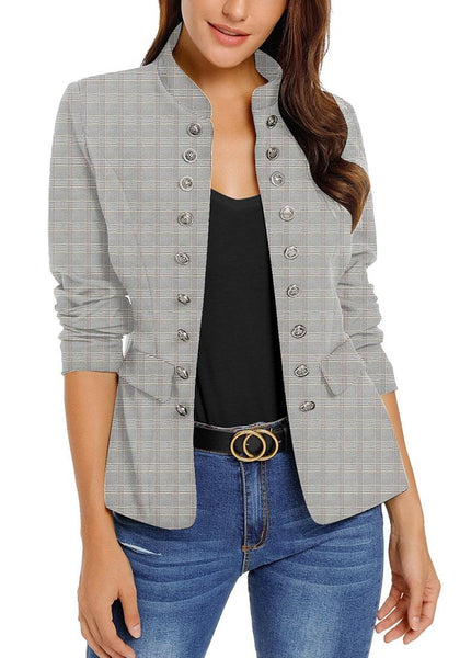 Model wearing light grey stand collar open-front blazer