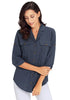 Model wearing navy blue long cuffed sleeves lapel button-up blouse
