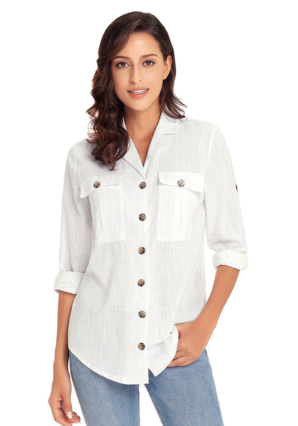 Model wearing white long cuffed sleeves lapel button-up blouse33