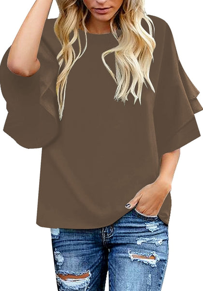 Model poses wearing brown trumpet sleeves keyhole-back blouse