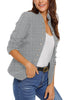 Model wearing grey plaid stand collar open-front blazer with folded sleeves