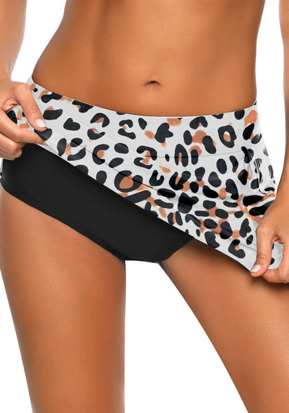 Model wearing leopard print zipper-pocket waistband skirted bikini bottom showing inner bikini
