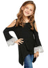 Pretty model poses wearing black cutout shoulder crochet flare sleeves girl tunic
