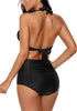 Back view of model wearing bllack halter ruched high-waist bikini set