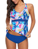 Women's 2 Pieces Print Zip Front Racerback Tankini Set Swimsuits with Skirt