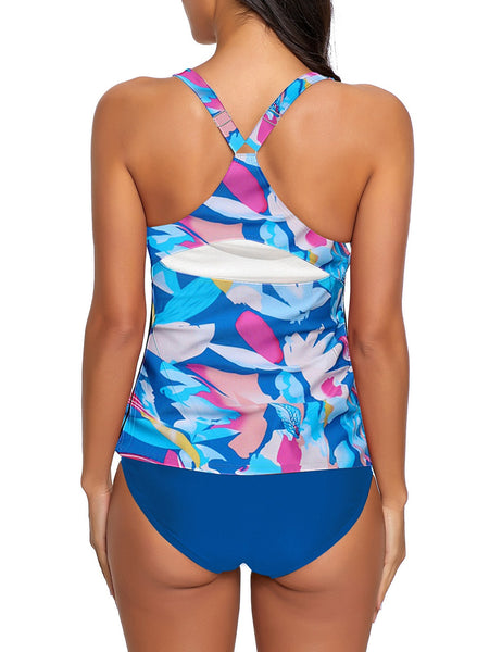 Women's 2 Pieces Print Zip Front Racerback Tankini Set Swimsuits with Skirt
