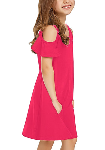 Hot Pink Cold Shoulder Ruffle Short Sleeves Girl Tunic Dress