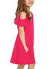 Side view of little girl wearing hot pink cold shoulder ruffle short sleeves girl tunic dress