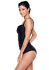 Side view of model in black ruched tankini set
