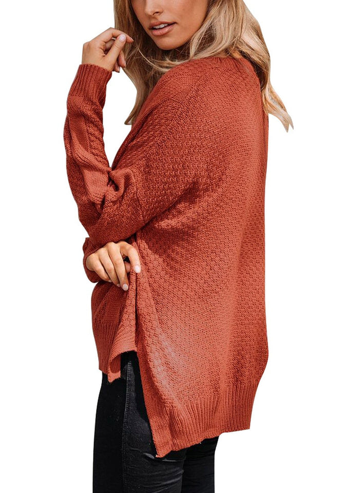 Rust Red Ribbed Knit Textured Side Slit Sweater Lookbook Store