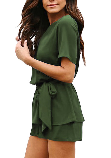 Side view of model wearing army green short sleeves keyhole-back belted romper