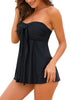 Side view of model wearing black bow knot-front sweetheart swing tankini set as bandeau tankini set