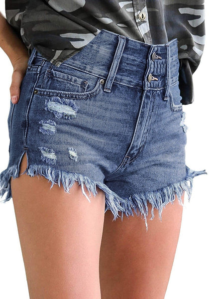 Side view of model wearing dark blue frayed raw hem high-waist denim shorts