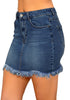 Side view of model wearing deep blue frayed hem washed denim mini skirt